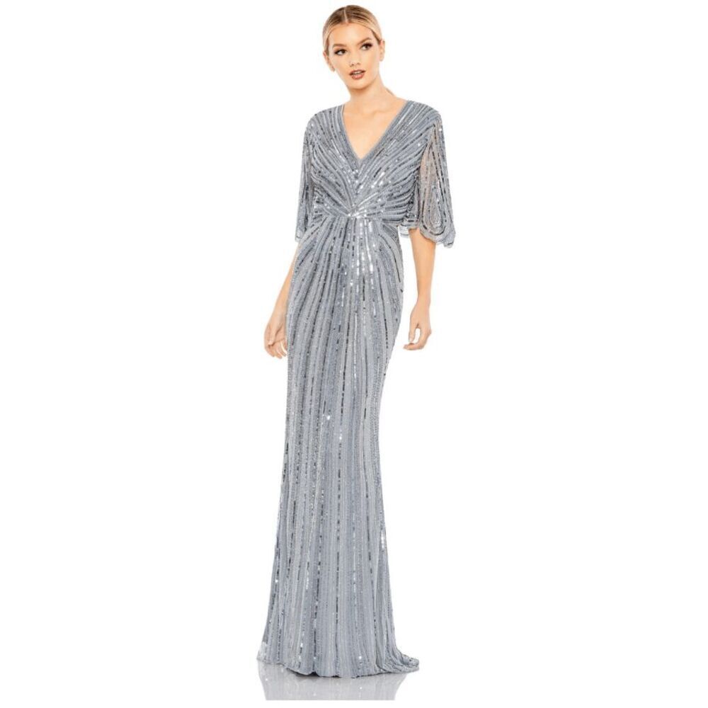 Mac Duggal NWT size 4 slate blue Sequined V Neck Cape Sleeve Gown style 93583 fo